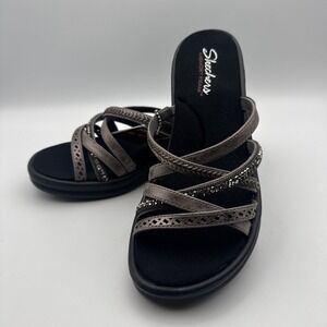New Skechers Sandals Womens 8 Rumblers Strappy Slides Gray Wedge Rhinestones